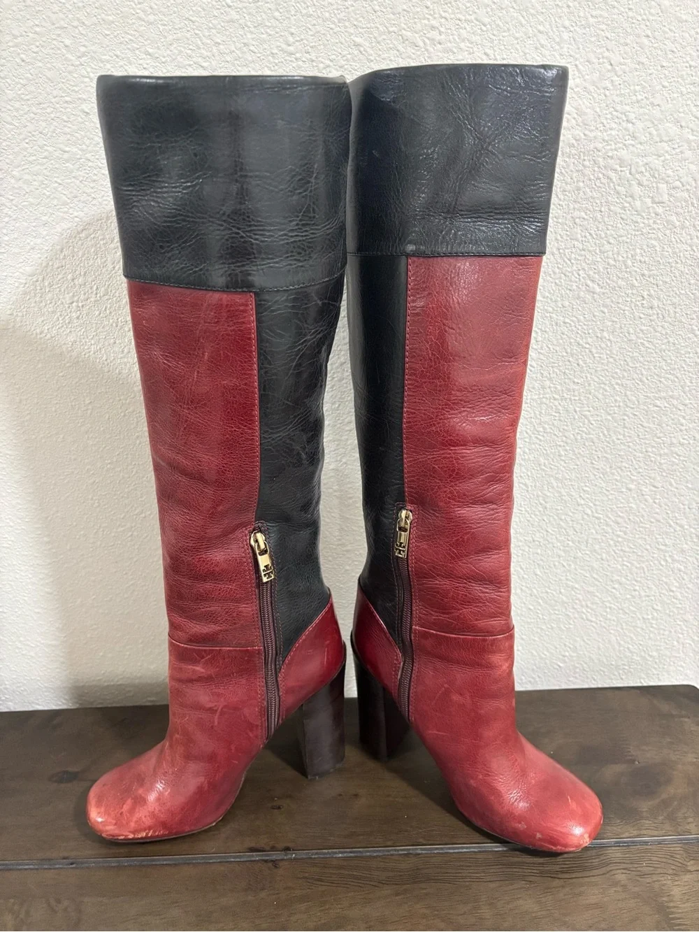 Tory Burch Two-Tone Red and Black Knee-High Leather Boots